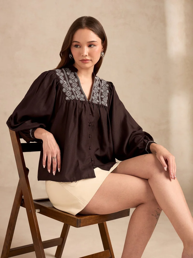 Outzidr  Brown Embroidered Long Sleeves Blouse for Women | Best Price UAE