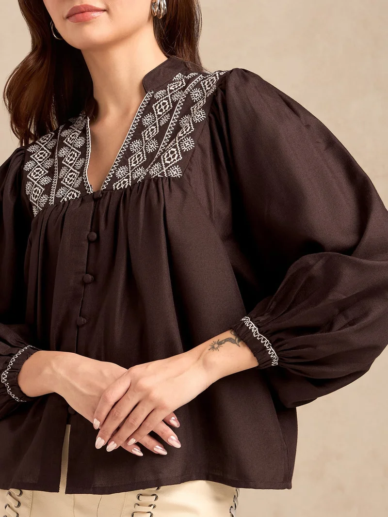 Outzidr  Brown Embroidered Long Sleeves Blouse for Women | Best Price UAE