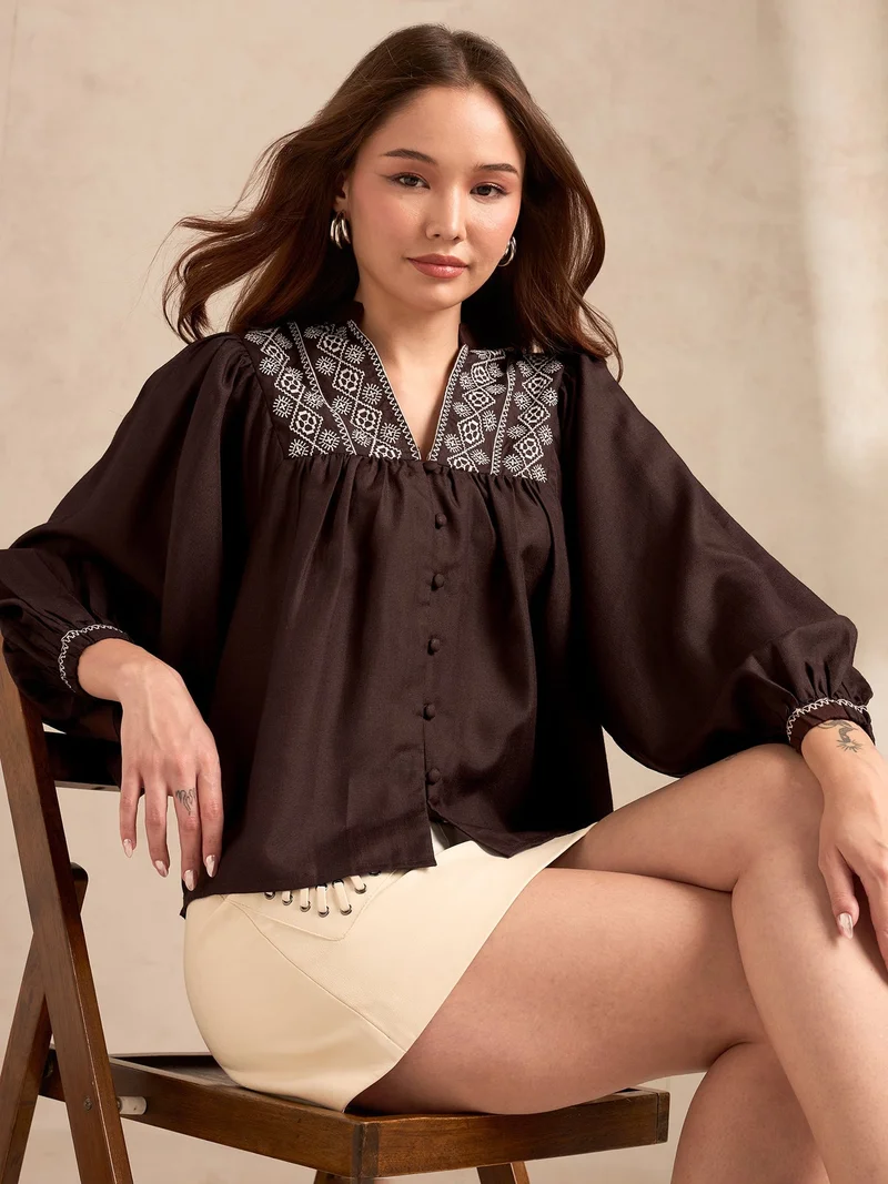 Outzidr  Brown Embroidered Long Sleeves Blouse for Women | Best Price UAE
