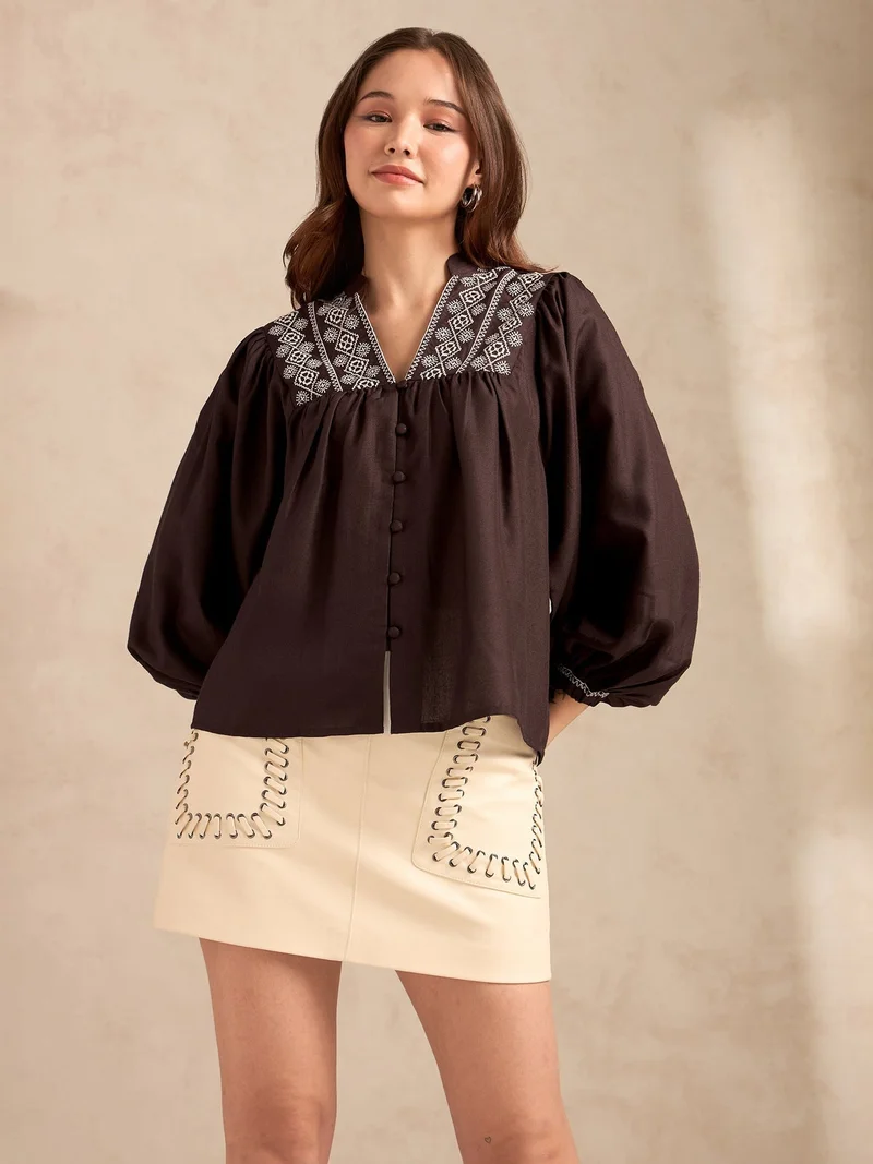 Brown Embroidered Long Sleeves Blouse