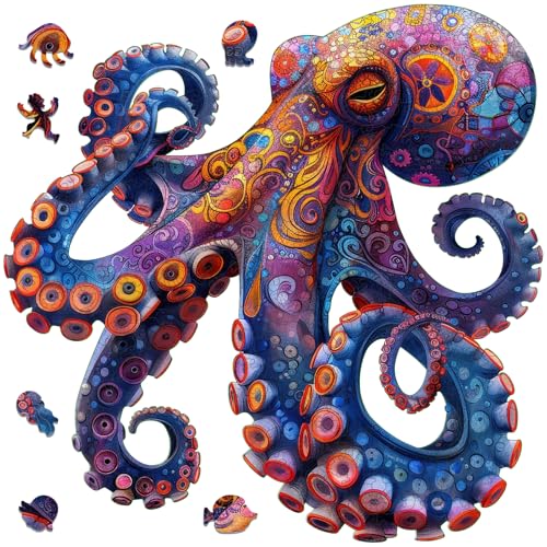 Mys Aurora Octopus Puzzles for Adults 5MM Thick Wooden Jigsaw Puzzles 200 Pieces Unique Shape Puzzle Ocean Wood Puzzles for Adults and Kids Birthday Gifts Family Game 112  112inch - Image 1