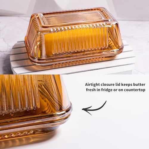 QIANCHANG Champagne Color Glass Butter Dish with Lid for Kitchen Countertop,Covered Butter Stick Holder Tray,Crystal Glass Butter Storage Container - Image 5