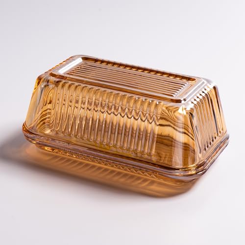 QIANCHANG Champagne Color Glass Butter Dish with Lid for Kitchen Countertop,Covered Butter Stick Holder Tray,Crystal Glass Butter Storage Container - Image 1