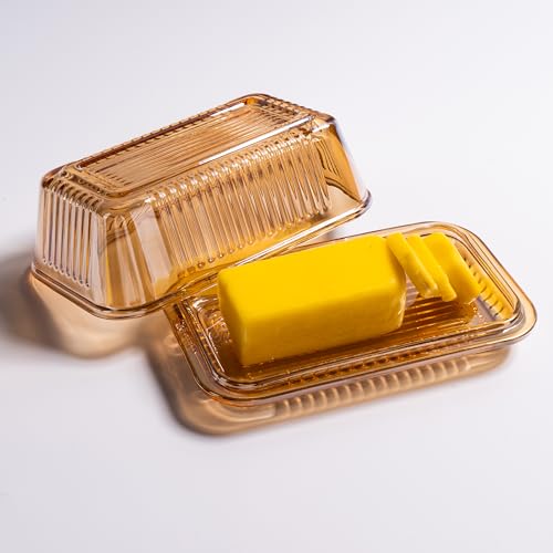QIANCHANG Champagne Color Glass Butter Dish with Lid for Kitchen Countertop,Covered Butter Stick Holder Tray,Crystal Glass Butter Storage Container - Image 2