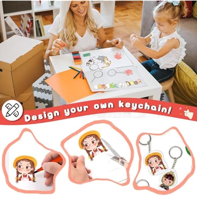 183PCS SHRINKY DINK KEYCHAIN KIT, 15 PCS SHRINK PLASTIC SHEETS WITH COLORED PENCILS, HOLE PUNCH, KEYCHAINS, BUCKLE CHAINS FOR KIDS CREATIVE CRAFTS JEWELRY MAKING DIY HAND MADE TOOL - Image 4