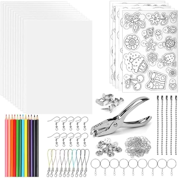 183PCS SHRINKY DINK KEYCHAIN KIT, 15 PCS SHRINK PLASTIC SHEETS WITH COLORED PENCILS, HOLE PUNCH, KEYCHAINS, BUCKLE CHAINS FOR KIDS CREATIVE CRAFTS JEWELRY MAKING DIY HAND MADE TOOL - Image 1