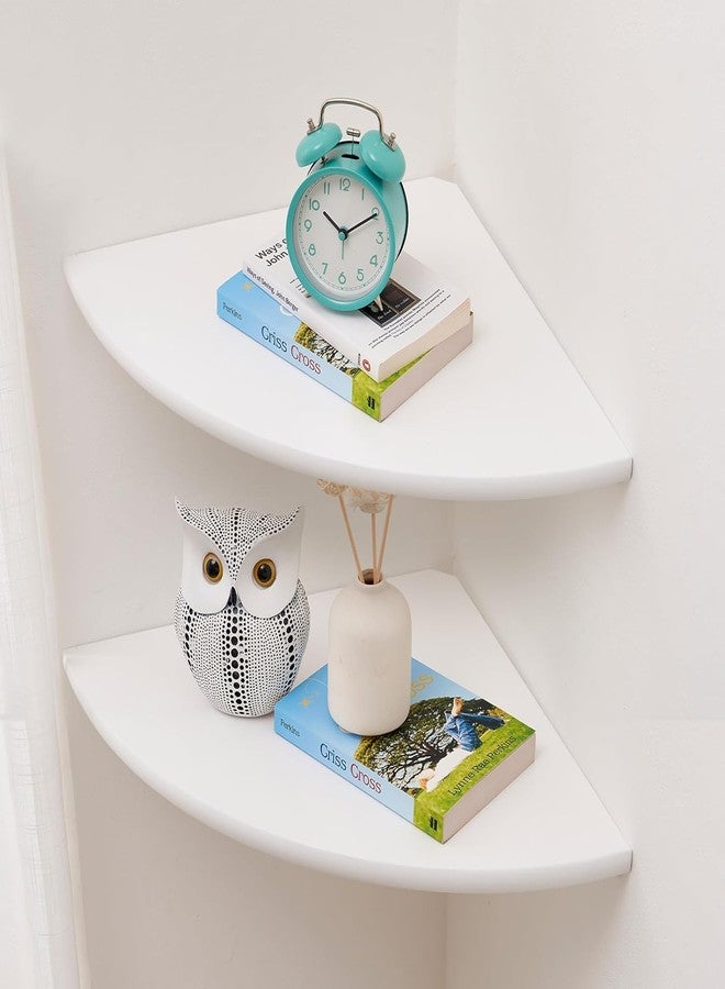Conamily Corner Shelves, Floating Corner Shelf, Set of 2 Solid Oak Wood Wall Shelves, Round End Wall Mount with Wire Hole Shelving for Small Plant for Bedroom Kitchen, Living Room (White, 9.85in 2P) - Image 1