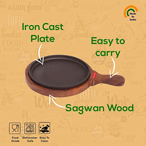 HAZEL Cast Iron Sizzler Plate with Wooden Base and Hadle | 8 Inch Round Hot Plate for Sizzling Brownies, Pizza Serving Plate | Small Brown Sizzler - Image 3
