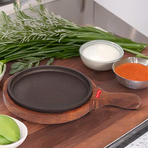HAZEL Cast Iron Sizzler Plate with Wooden Base and Hadle | 8 Inch Round Hot Plate for Sizzling Brownies, Pizza Serving Plate | Small Brown Sizzler - Image 2