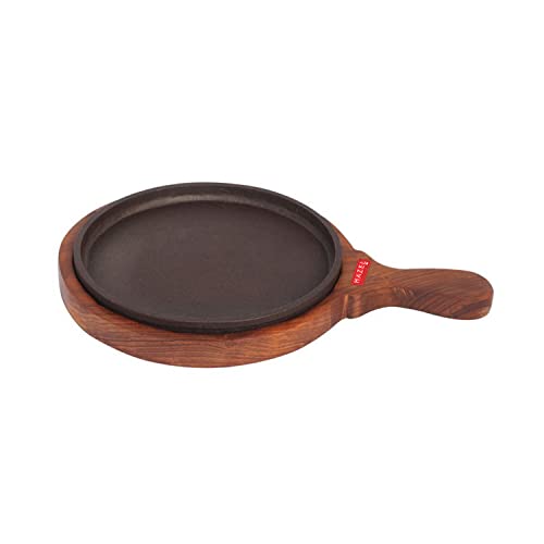 HAZEL Cast Iron Sizzler Plate with Wooden Base and Hadle | 8 Inch Round Hot Plate for Sizzling Brownies, Pizza Serving Plate | Small Brown Sizzler - Image 1