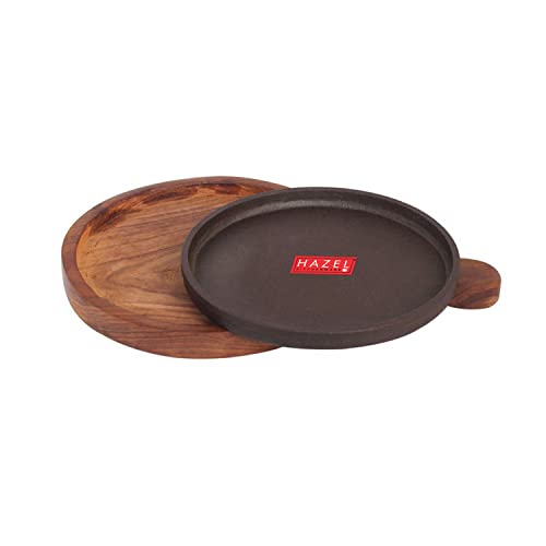HAZEL Cast Iron Sizzler Plate with Wooden Base and Hadle | 8 Inch Round Hot Plate for Sizzling Brownies, Pizza Serving Plate | Small Brown Sizzler - Image 5