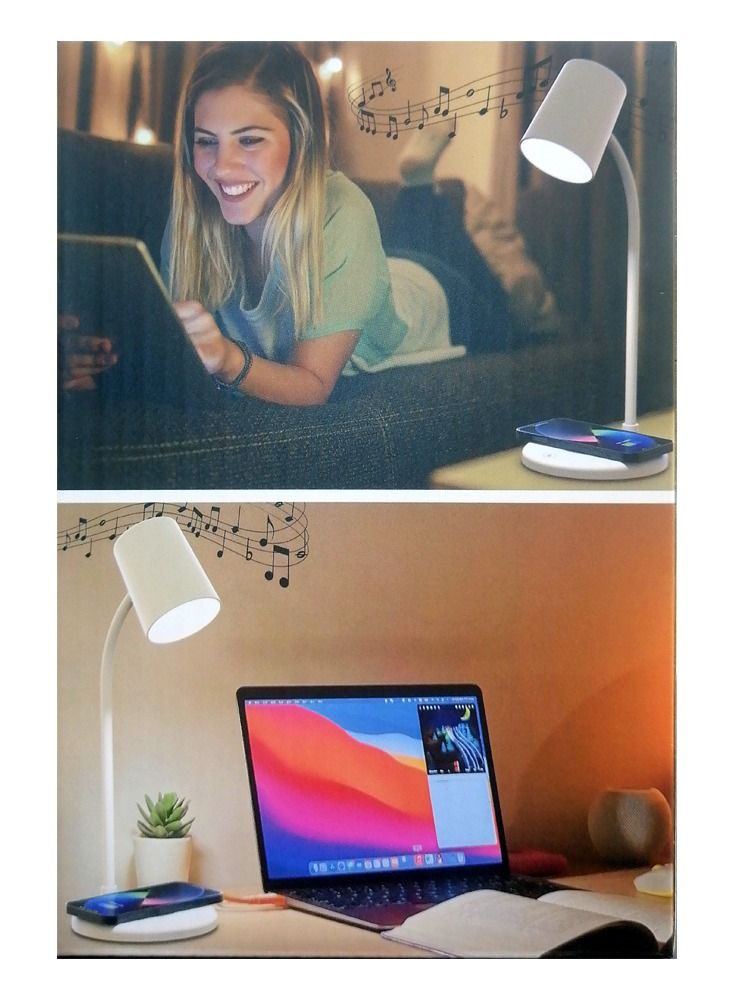 مصباح طاولة 3 في 1 مع مكبر صوت وشاحن لاسلكي سهل لشحن هاتفك المحمول وسماعة الرأس Android و iOS - Image 4