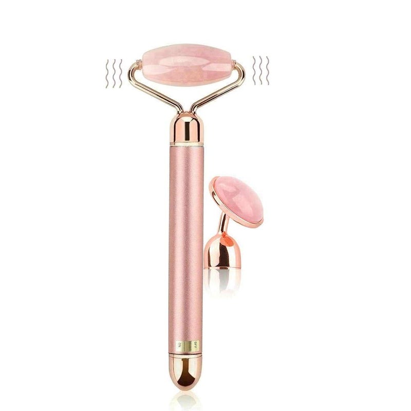 2 In 1 Electric Jade Roller Facial Massager Natural Rose Quartz Beauty Bar Wheel Set Arm Eye Nose Massage Stone Can Pull Anti-aging Anti-wrinkle Firming