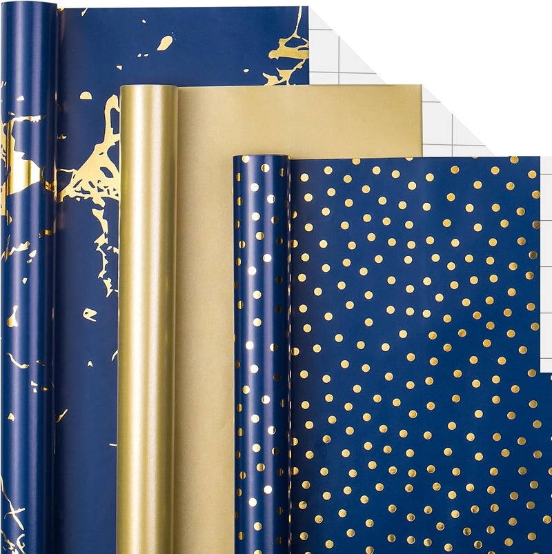 MAYPLUSS Wrapping Paper Roll - Navy Blue and Gold Wrapping Paper - 17" x 120" Per roll - Navy Gold Polka Dot Gold Foil for Birthday,Wedding,Baby Shower,Men(3 Rolls 42.3 sqft) - Image 1
