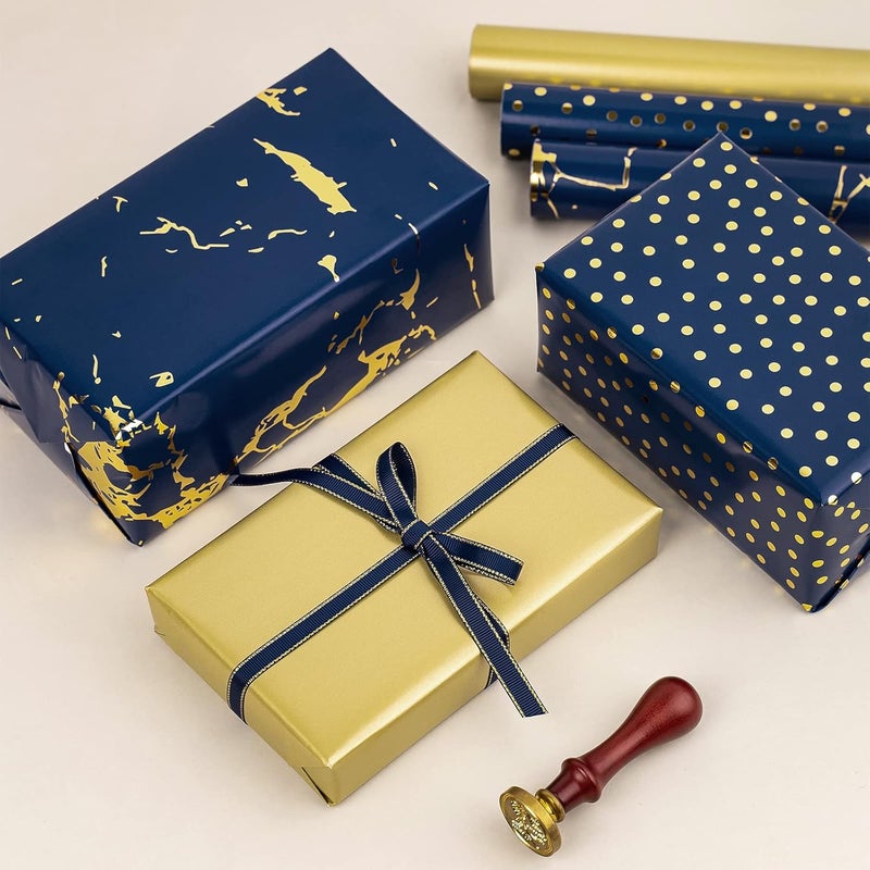 MAYPLUSS Wrapping Paper Roll - Navy Blue and Gold Wrapping Paper - 17" x 120" Per roll - Navy Gold Polka Dot Gold Foil for Birthday,Wedding,Baby Shower,Men(3 Rolls 42.3 sqft) - Image 3
