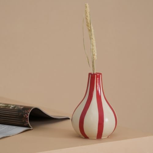 PUREZENTO Red & White Striped 'Tulip Bud' Ceramic Vase 6 Inch (Pack of 1) | Unique Modern Bud Vase for Dried Flowers & Pampas Grass | Vases for Modern Home Decor, Living Room & Office Decor Ideas - Image 5