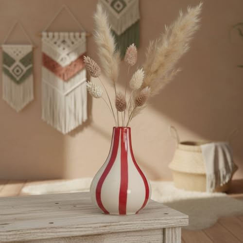 PUREZENTO Red & White Striped 'Tulip Bud' Ceramic Vase 6 Inch (Pack of 1) | Unique Modern Bud Vase for Dried Flowers & Pampas Grass | Vases for Modern Home Decor, Living Room & Office Decor Ideas - Image 3
