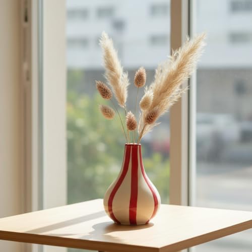 PUREZENTO Red & White Striped 'Tulip Bud' Ceramic Vase 6 Inch (Pack of 1) | Unique Modern Bud Vase for Dried Flowers & Pampas Grass | Vases for Modern Home Decor, Living Room & Office Decor Ideas - Image 2