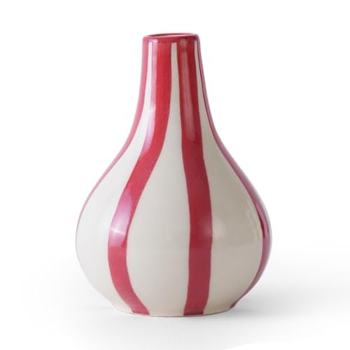 PUREZENTO Red & White Striped 'Tulip Bud' Ceramic Vase 6 Inch (Pack of 1) | Unique Modern Bud Vase for Dried Flowers & Pampas Grass | Vases for Modern Home Decor, Living Room & Office Decor Ideas - Image 4