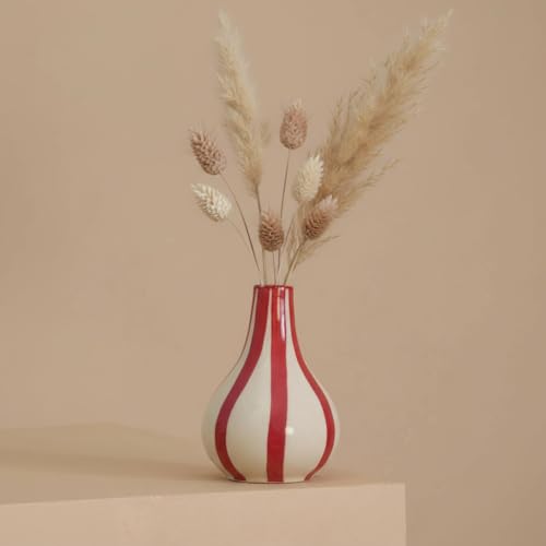 PUREZENTO Red & White Striped 'Tulip Bud' Ceramic Vase 6 Inch (Pack of 1) | Unique Modern Bud Vase for Dried Flowers & Pampas Grass | Vases for Modern Home Decor, Living Room & Office Decor Ideas - Image 1