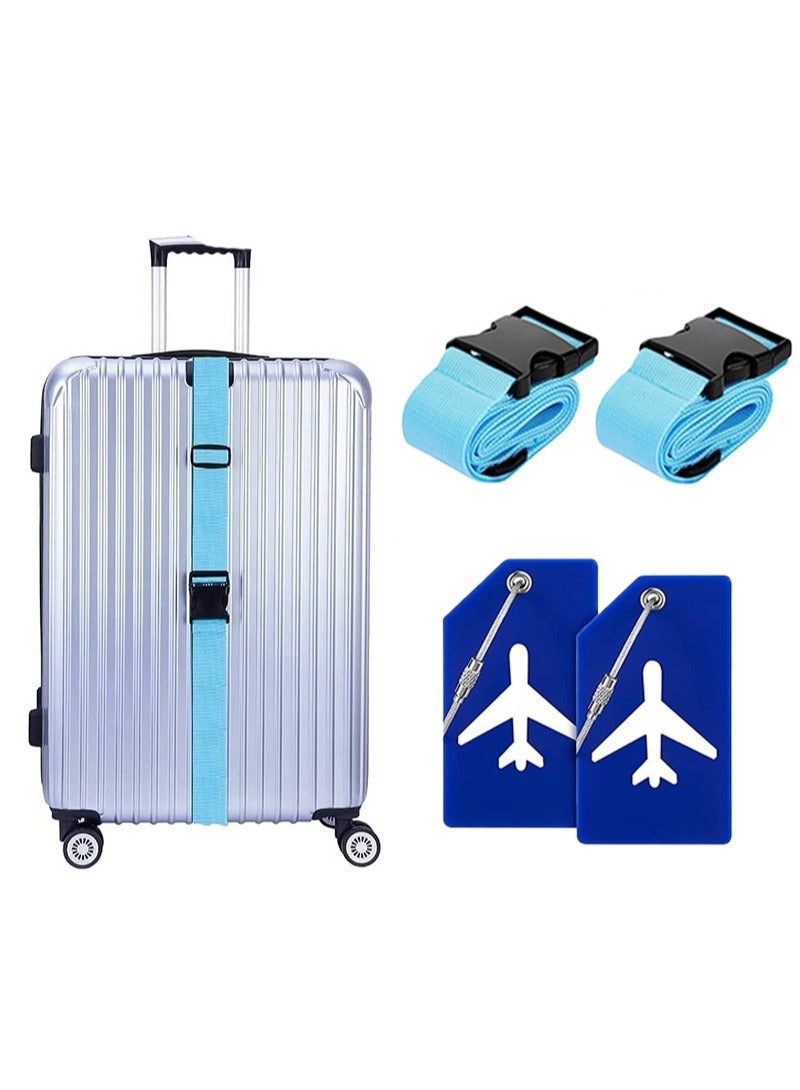 Aikanbo 4 Pack Luggage Straps Suitcase Tags Set，Travel Adjustable Suitcase Straps Silicone Luggage Tags with Name ID Card Men Women Travel Accessories（Light Blue+Blue） - Image 1