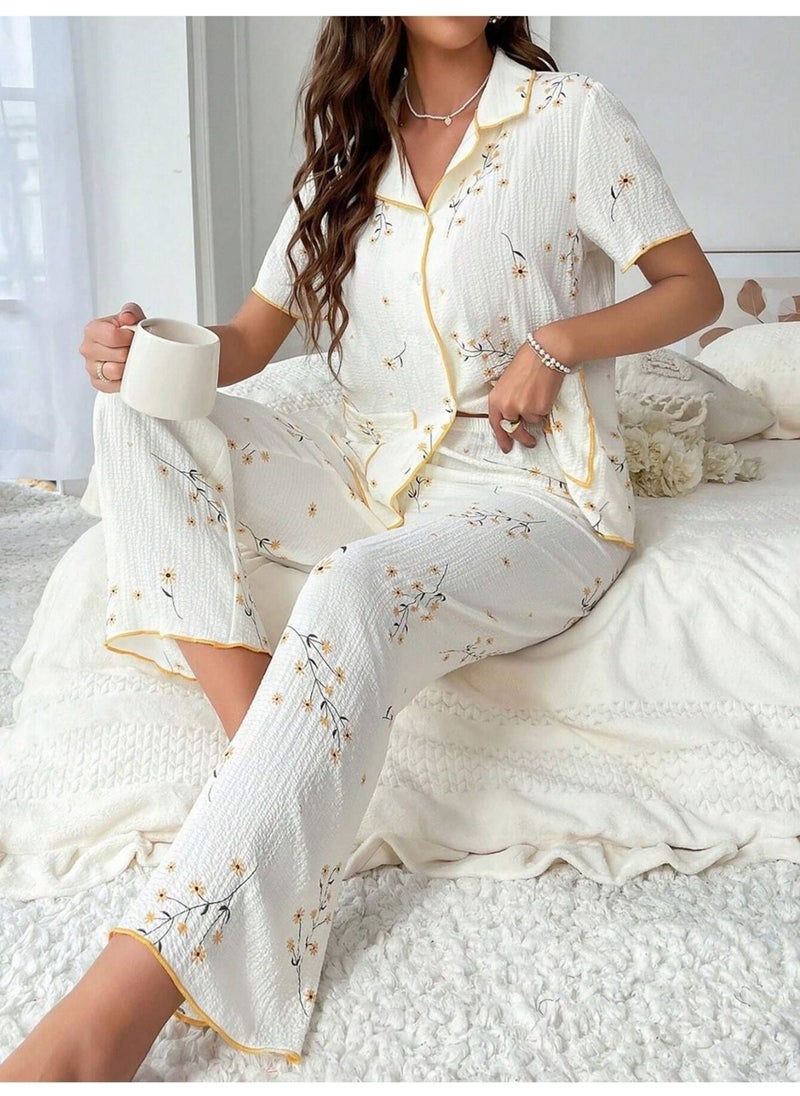Bella Notte Floral Printed Pocket Detailed Buttoned Daily Pajama Set  - Image 1