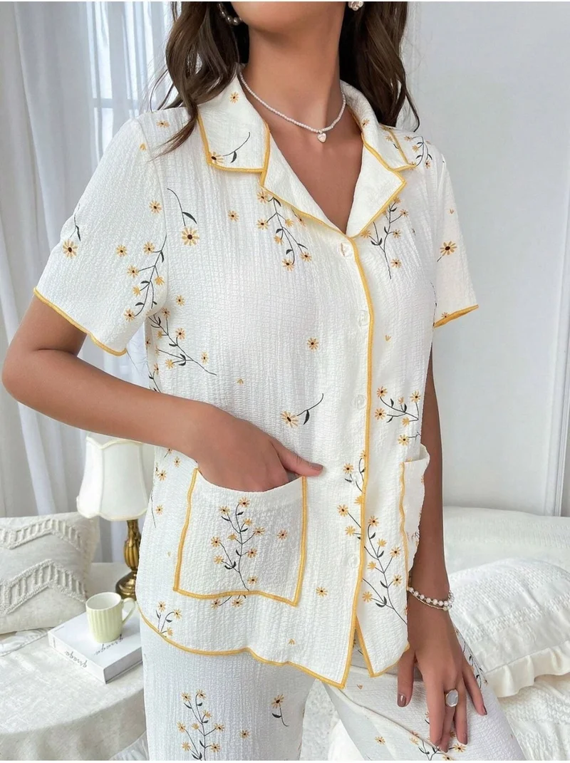 Bella Notte Floral Printed Pocket Detailed Buttoned Daily Pajama Set