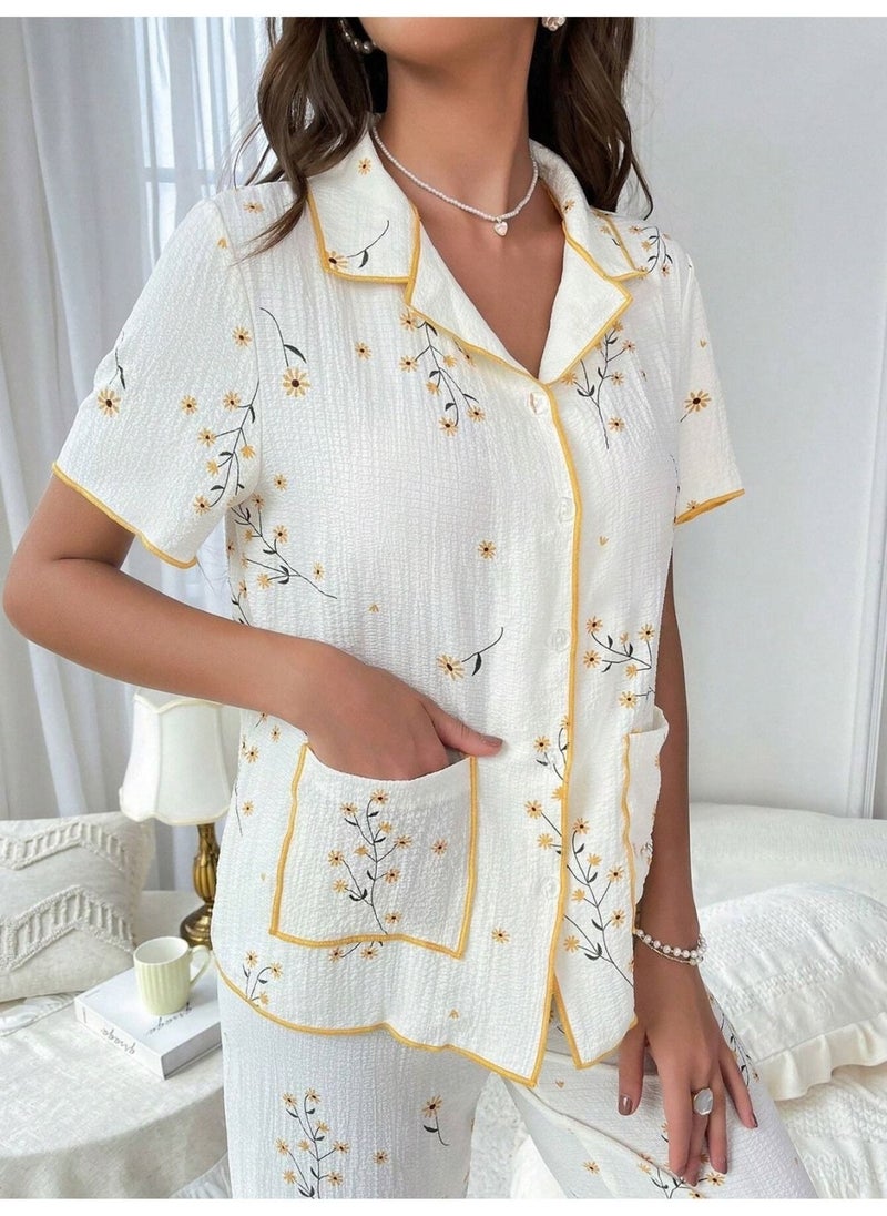 Bella Notte Floral Printed Pocket Detailed Buttoned Daily Pajama Set  - Image 3