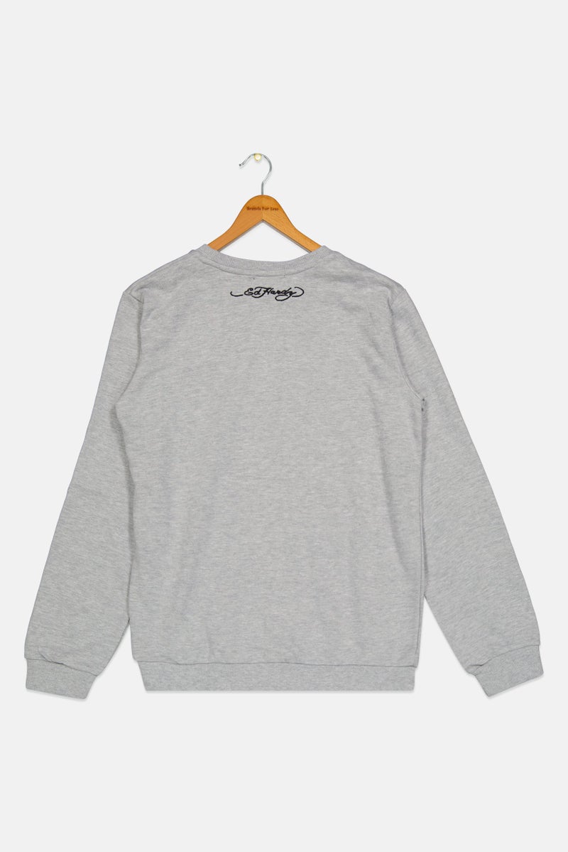 Ed Hardy Kids Boy Embroidered Long Sleeve Sweatshirt, Heather Grey  - Image 2