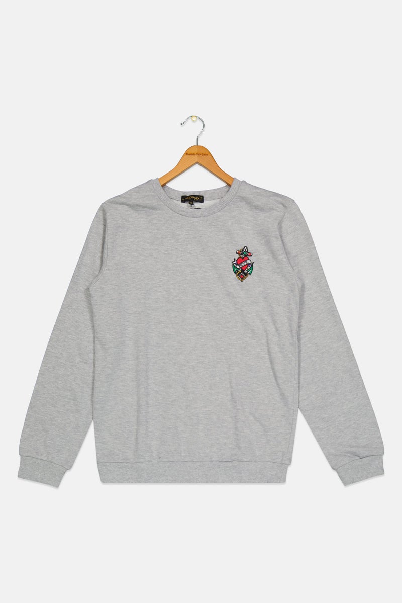 Ed Hardy Kids Boy Embroidered Long Sleeve Sweatshirt, Heather Grey  - Image 1