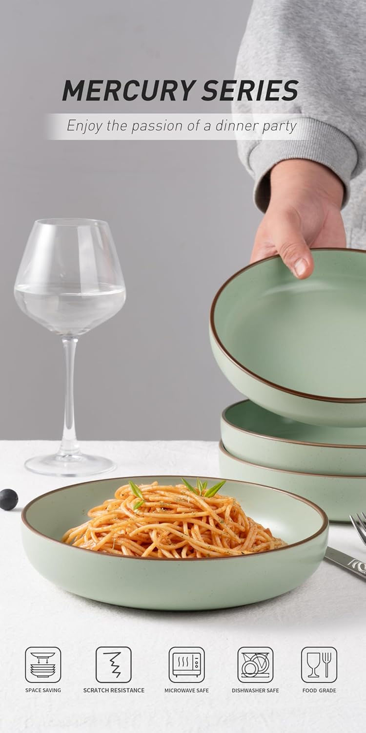 famiware Mercury Pasta Bowls Set of 4 33 oz Large Salad Bowls Stoneware Pasta Plates Bowls Serving Bowls for Kitchen Microwave  Dishwasher Safe Light Green - Image 5