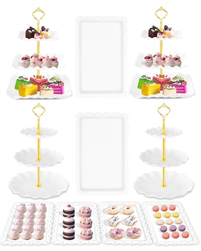 Hoedia 10 Pcs Cake Stand, Plastic Dessert Table Display Set, 4 Pcs 3 Tier Cupcake Stand Tower Holder and 6 Pcs Serving Tray for Tea Party Baby Shower Decorations - Image 1
