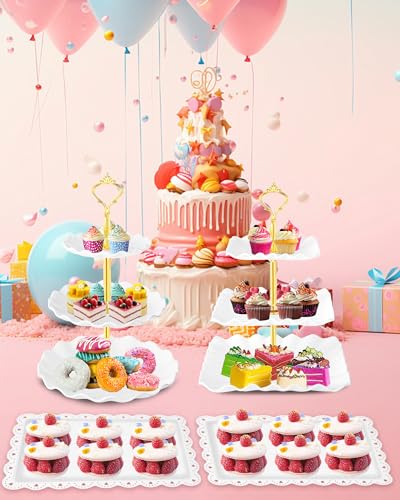 Hoedia 10 Pcs Cake Stand, Plastic Dessert Table Display Set, 4 Pcs 3 Tier Cupcake Stand Tower Holder and 6 Pcs Serving Tray for Tea Party Baby Shower Decorations - Image 4