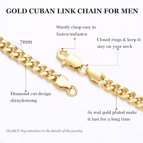 OLARCU 7mm 18K Real Gold Plated Cuban Link Chain for Men, Mens Stainless Steel Gold Chain Necklace Jewelry for Men (26 Inches) - Image 2