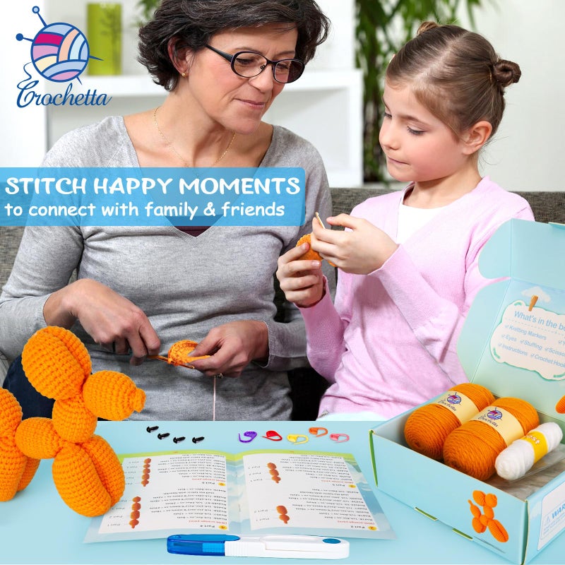 Crochetta Crochet Kit for Beginners, Crochet Kit w Step-by-Step Video Tutorials, Crochet Starter Kit Learn to Crochet Kits for Adults Kids Beginners, Vibrant Orange Balloon Dog (40%+ Yarn Content) - Image 4