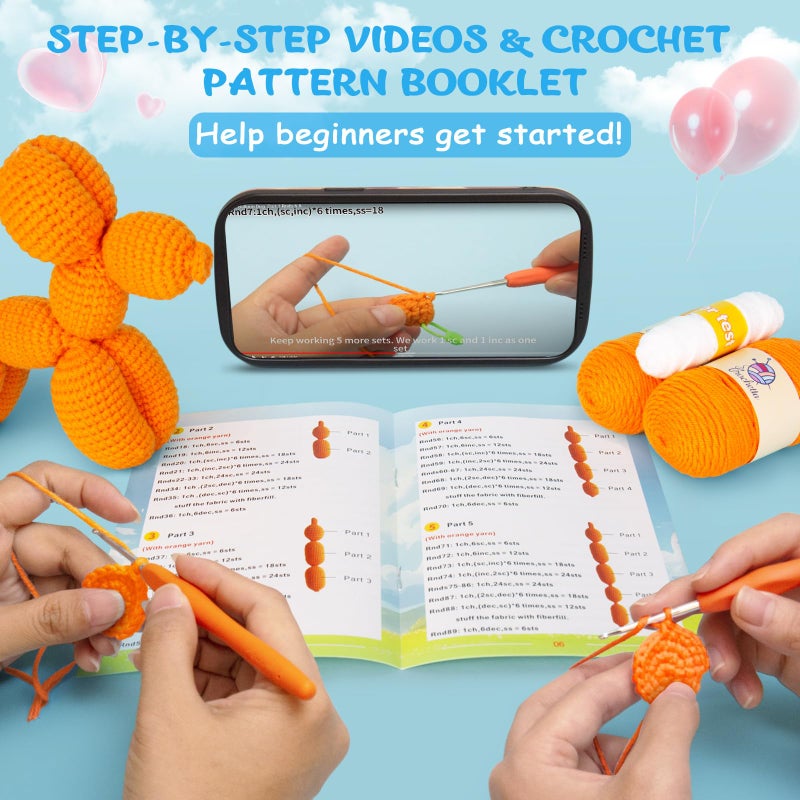 Crochetta Crochet Kit for Beginners, Crochet Kit w Step-by-Step Video Tutorials, Crochet Starter Kit Learn to Crochet Kits for Adults Kids Beginners, Vibrant Orange Balloon Dog (40%+ Yarn Content) - Image 2