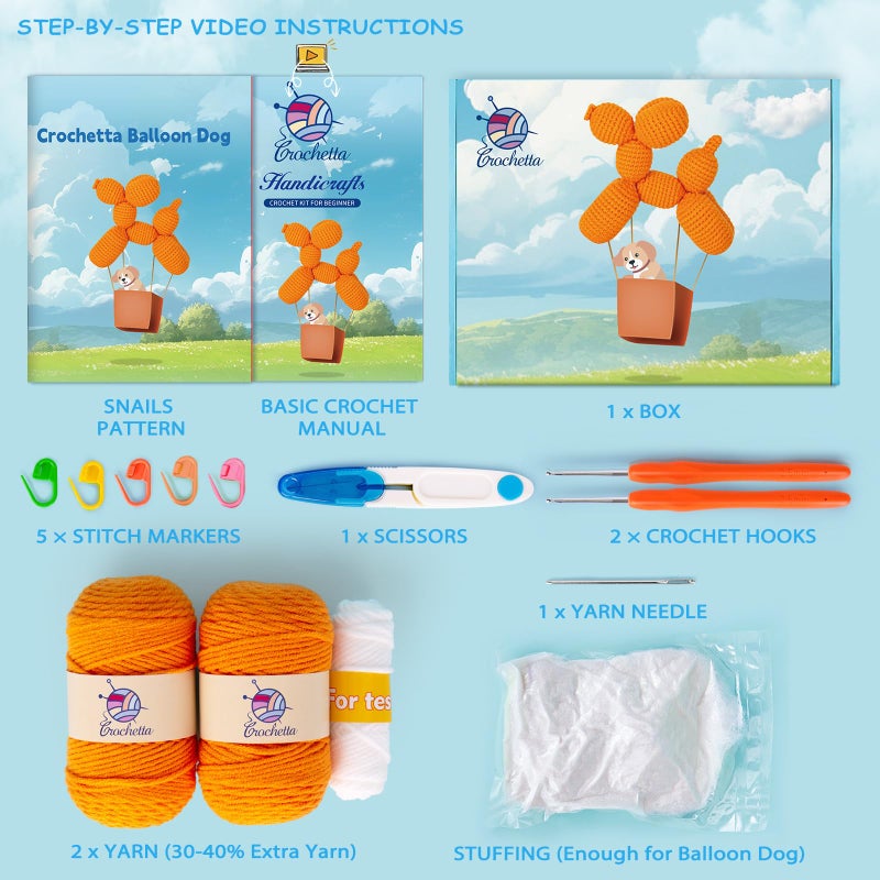 Crochetta Crochet Kit for Beginners, Crochet Kit w Step-by-Step Video Tutorials, Crochet Starter Kit Learn to Crochet Kits for Adults Kids Beginners, Vibrant Orange Balloon Dog (40%+ Yarn Content) - Image 3
