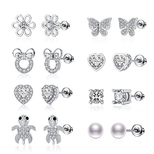 TOPBRIGHT 8 Pairs S925 Sterling Silver Stud Earrings Hypoallergenic Earrings White Heart CZ Tiny Butterfly For Kids, Toddlers, Little Girls, Teens, Women - Image 1