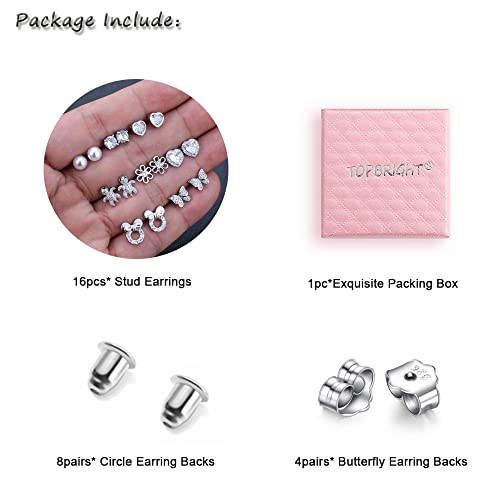 TOPBRIGHT 8 Pairs S925 Sterling Silver Stud Earrings Hypoallergenic Earrings White Heart CZ Tiny Butterfly For Kids, Toddlers, Little Girls, Teens, Women - Image 2