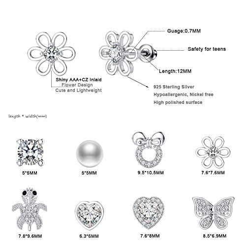 TOPBRIGHT 8 Pairs S925 Sterling Silver Stud Earrings Hypoallergenic Earrings White Heart CZ Tiny Butterfly For Kids, Toddlers, Little Girls, Teens, Women - Image 4