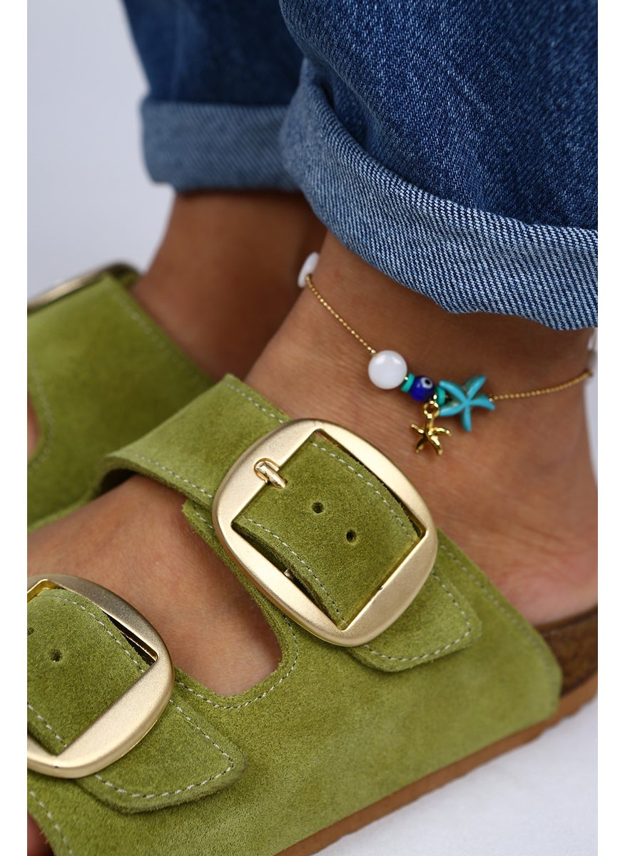 Manijero Irene Leather Double Buckle Pistachio Green Slippers  - Image 3