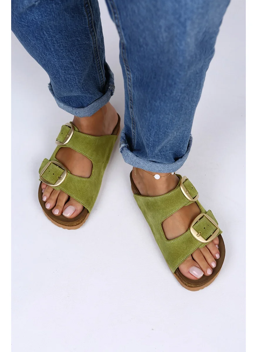 مانجيرو Irene Leather Double Buckle Pistachio Green Slippers