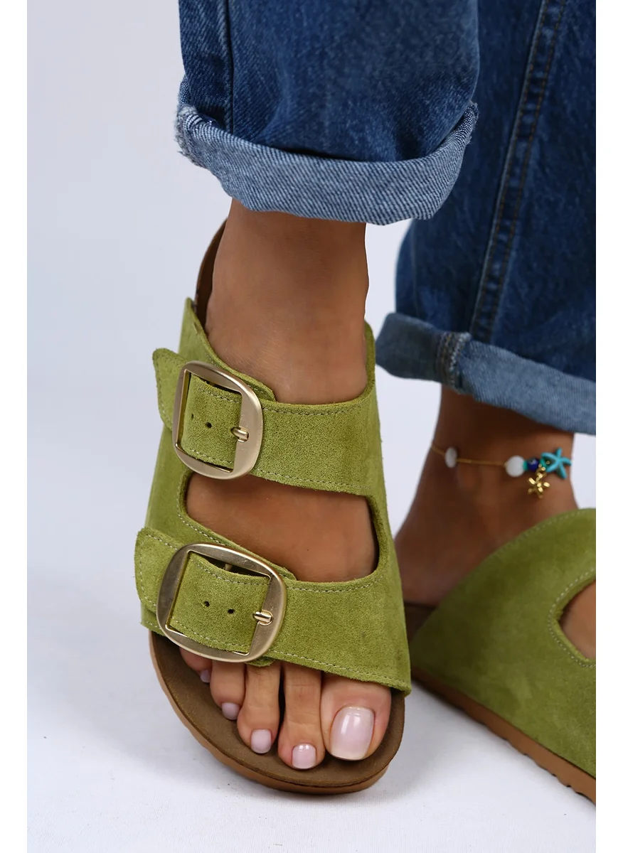 مانجيرو Irene Leather Double Buckle Pistachio Green Slippers