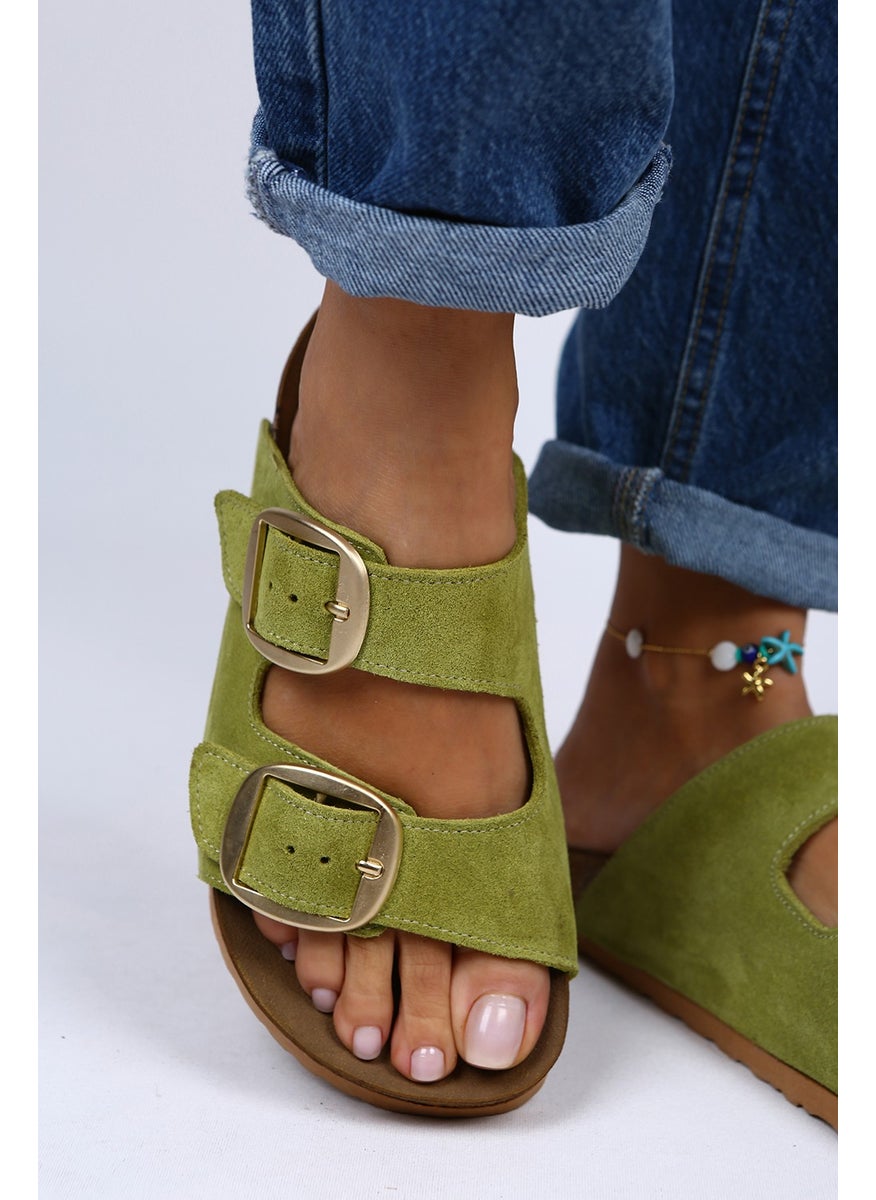 Manijero Irene Leather Double Buckle Pistachio Green Slippers  - Image 1