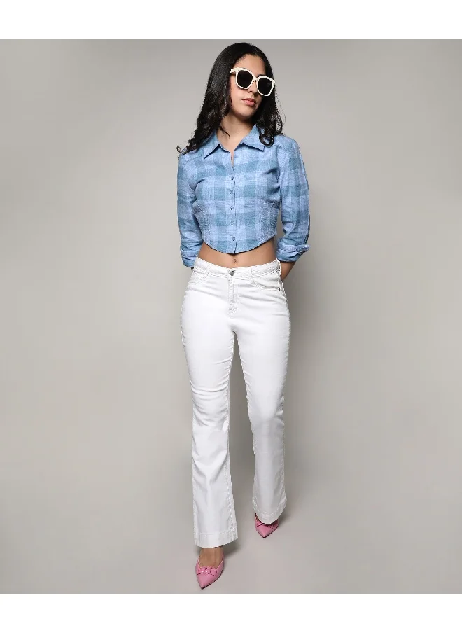 Campus Sutra Women's Blue Buffallo Check Cinched Cropped Shirt