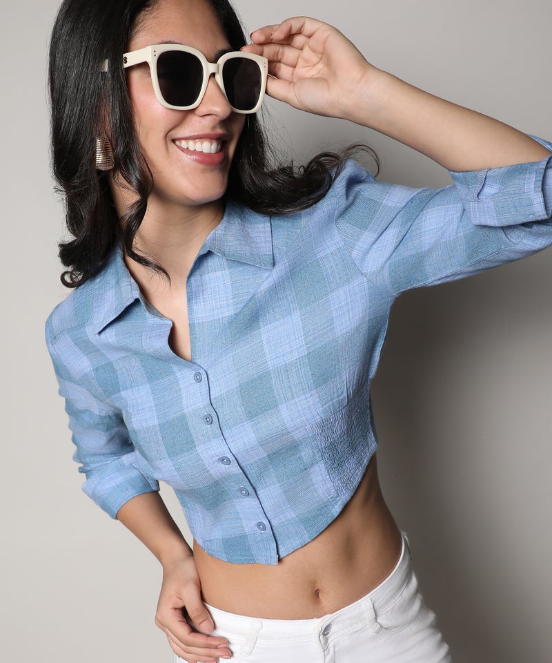 Campus Sutra Women's Blue Buffallo Check Cinched Cropped Shirt  - Image 1