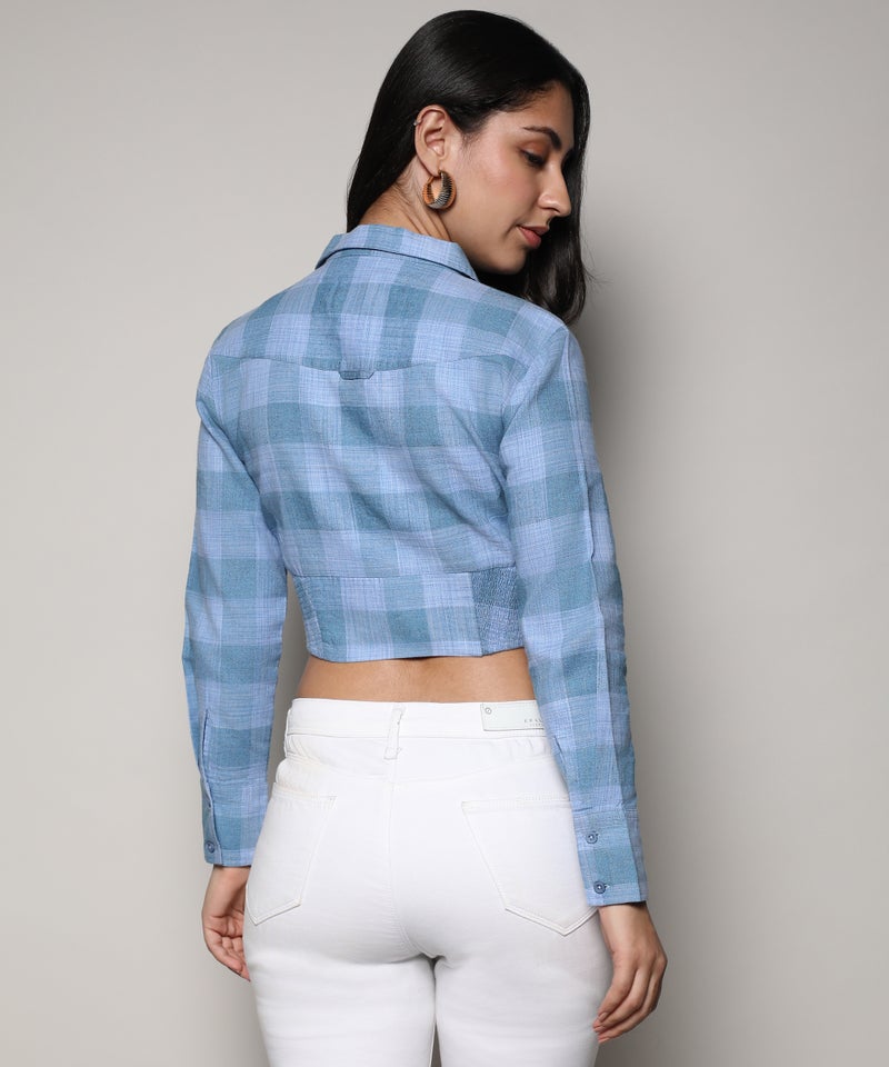 Campus Sutra Women's Blue Buffallo Check Cinched Cropped Shirt  - Image 5