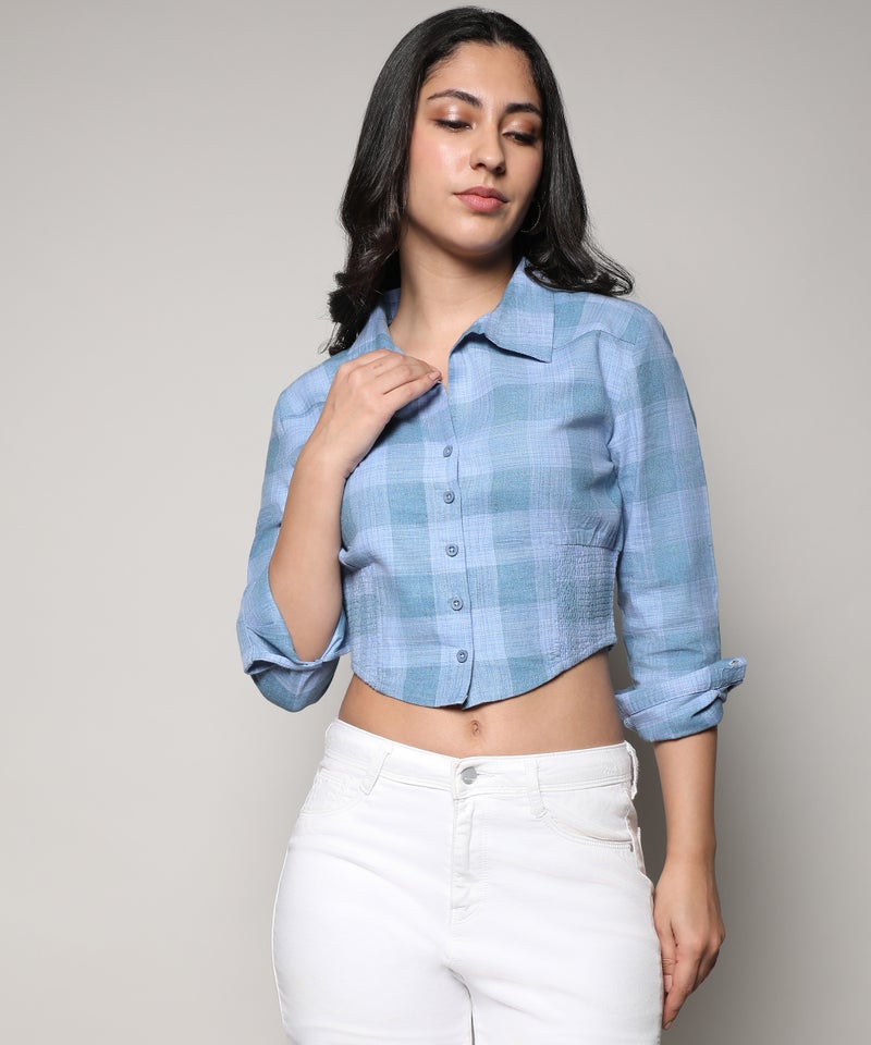 Campus Sutra Women's Blue Buffallo Check Cinched Cropped Shirt  - Image 2
