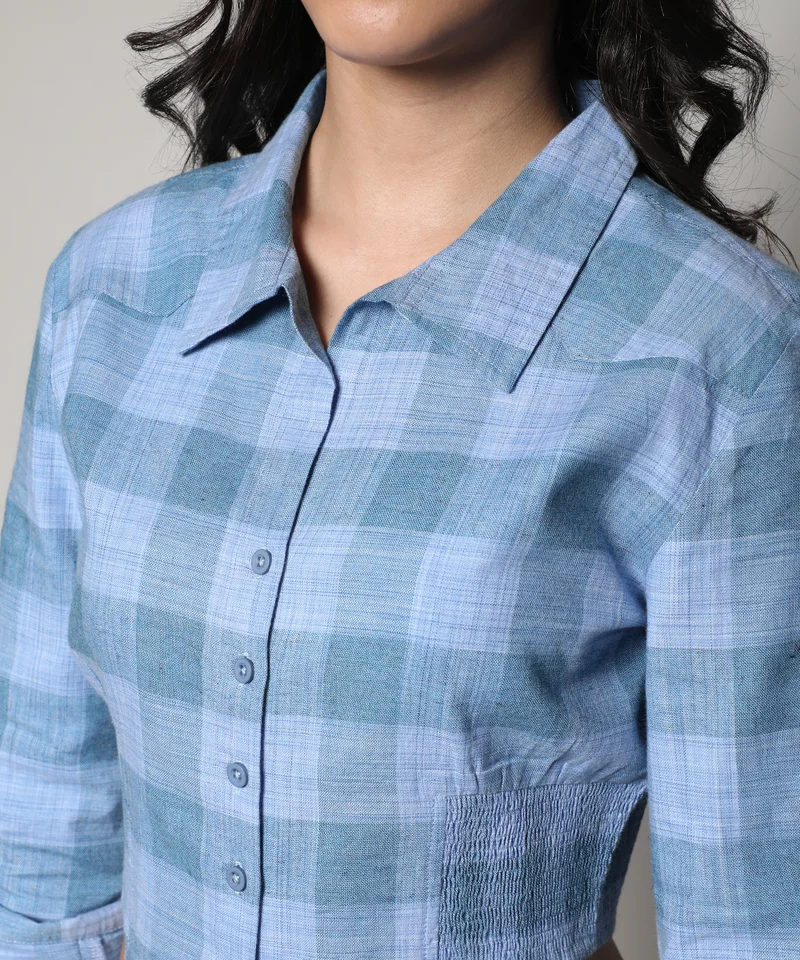 Campus Sutra Women's Blue Buffallo Check Cinched Cropped Shirt