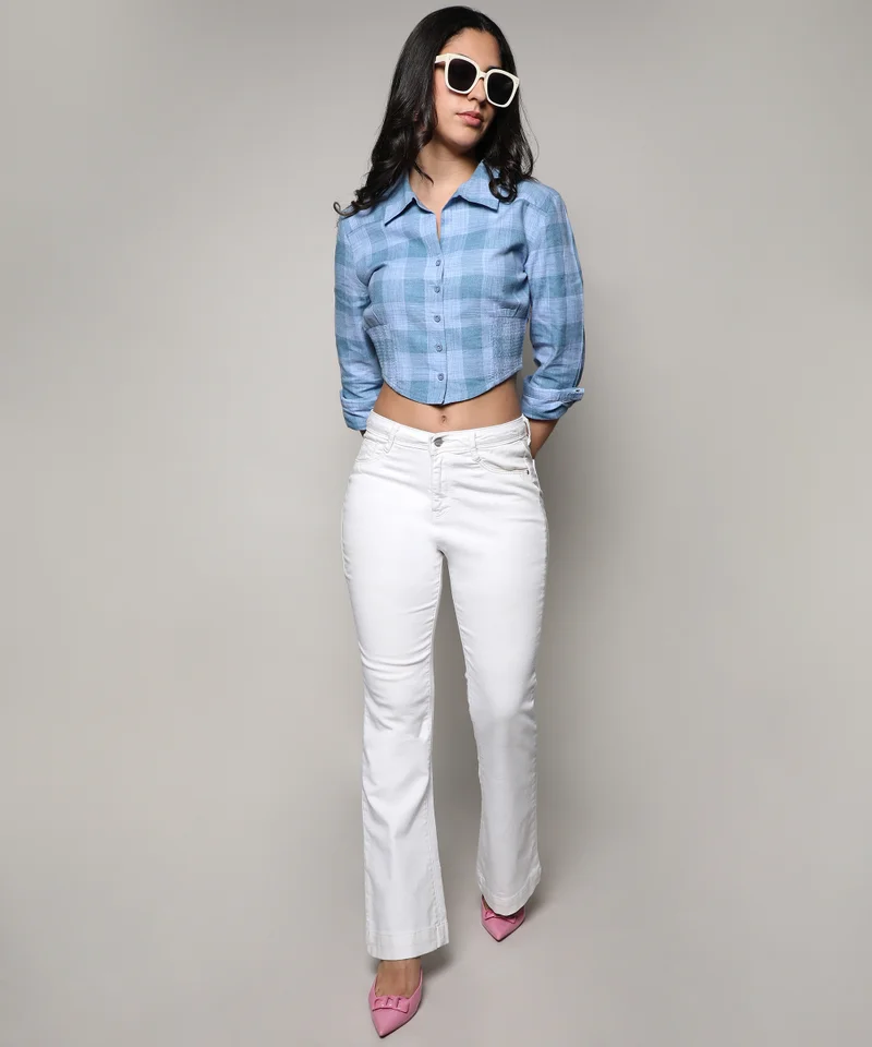 Campus Sutra Women's Blue Buffallo Check Cinched Cropped Shirt